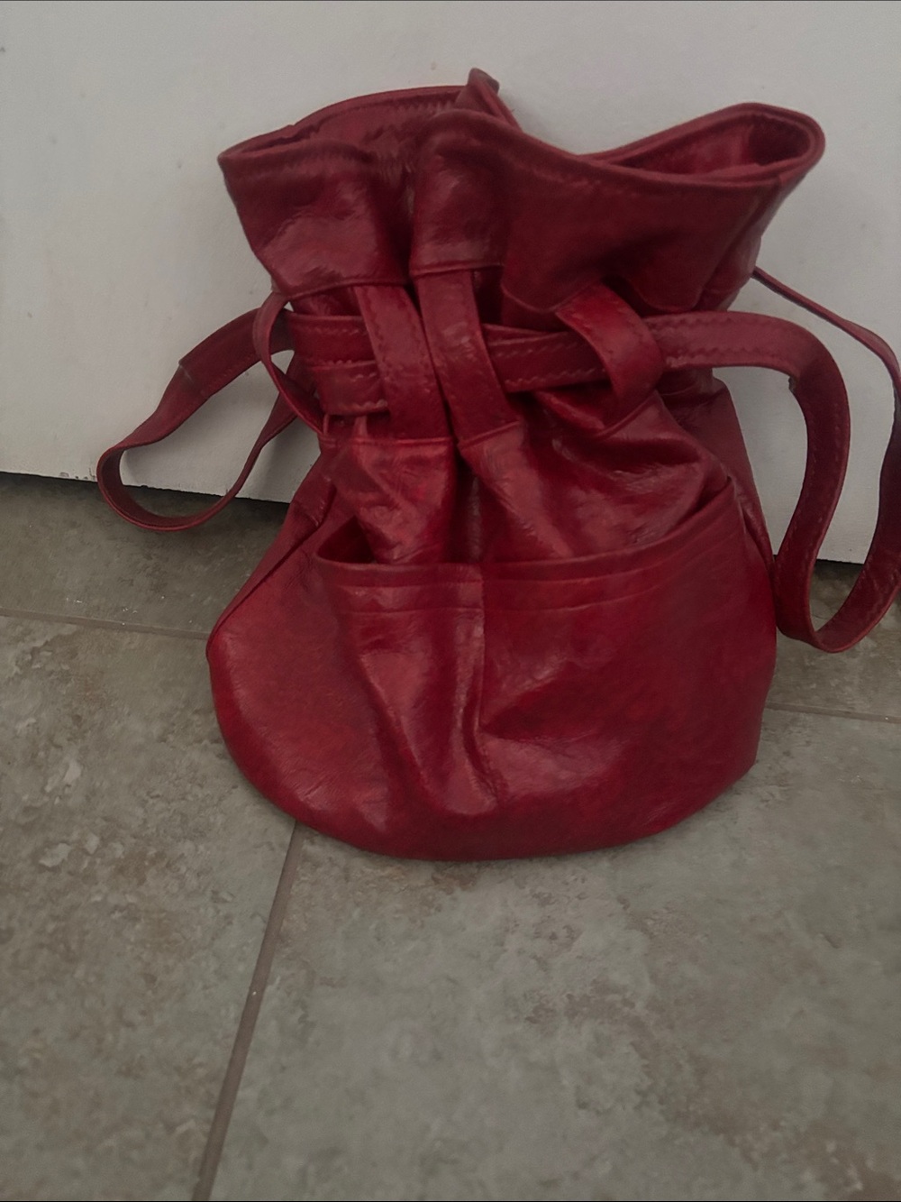 Compact Red Drawstring Mini Bucket Bag - Picture 3 of 5